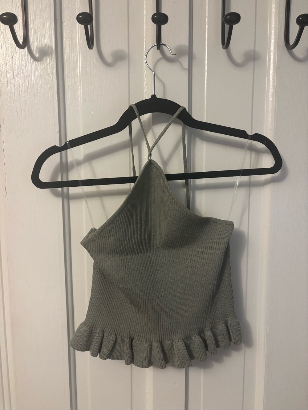 Peppermayo Olive Green Ribbed Ruffle Halter Crop Top